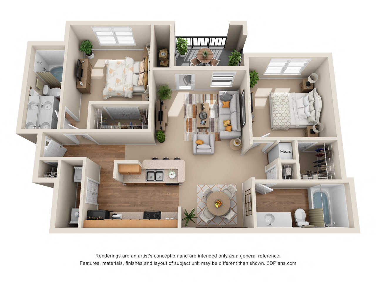 Floor plan for 2 beds, 2 baths, 1030 sqft